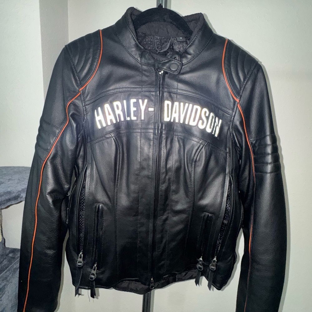 Women’s Harley-Davidson Black Leather Bikers Jacket with Orange Highlights - Picture 2 of 15